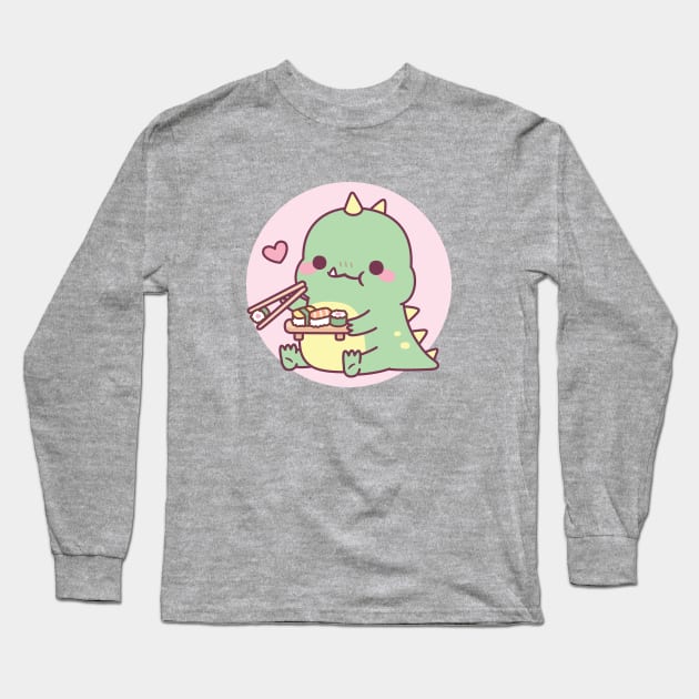 Cute Little Dinosaur Loves Japanese Sushi Long Sleeve T-Shirt by rustydoodle